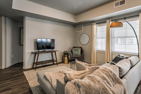 A living room with a grey couch and a wooden entertainment center.