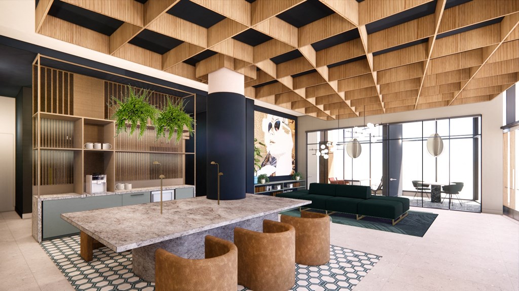 a dining room with a marble table and chairs and a lobby with a couch