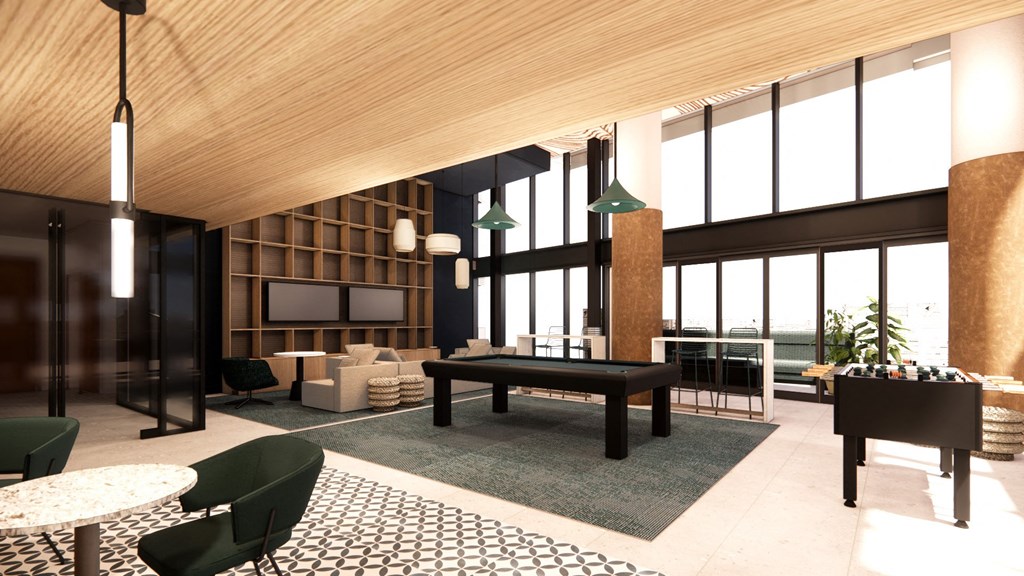 a rendering of a living room with wood ceilings and large windows
