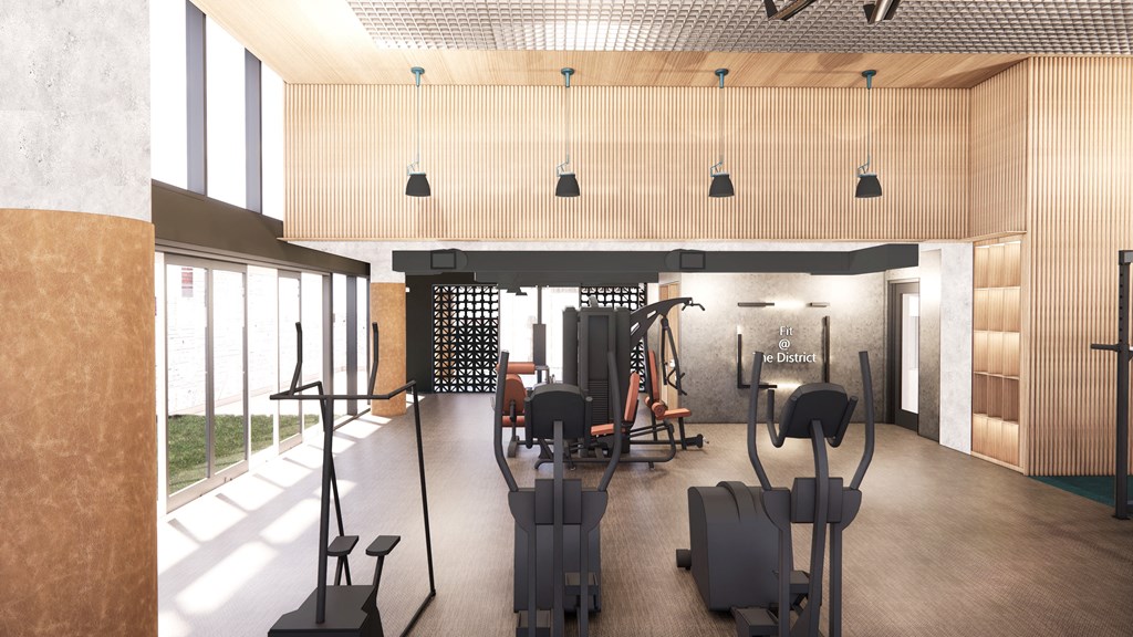 a rendering of a gym with weights and other exercise equipment