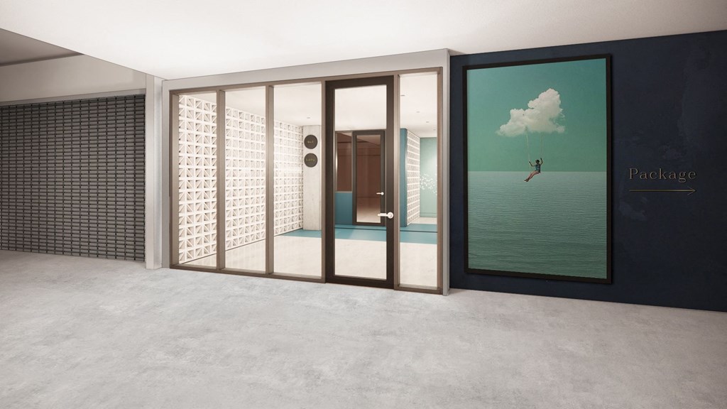 a room with a large window and a painting on the wall