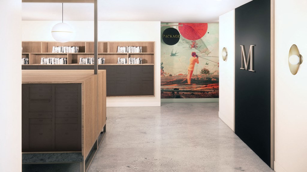 a lobby with a reception desk and a painting on the wall
