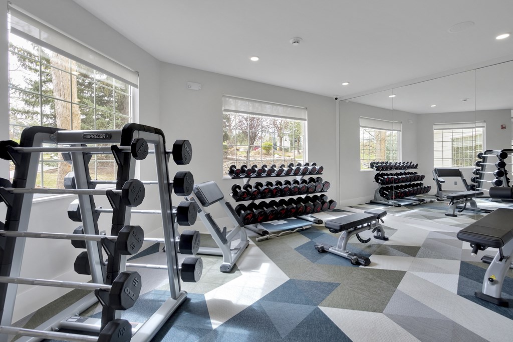 A gym with a variety of equipment including dumbbells, weight plates, and a bench press.