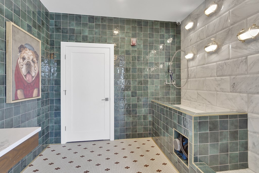 A bathroom with a white door and a picture of a dog on the wall.