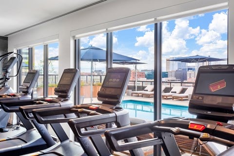 A row of treadmills in a gym with a pool and city view outside the window.