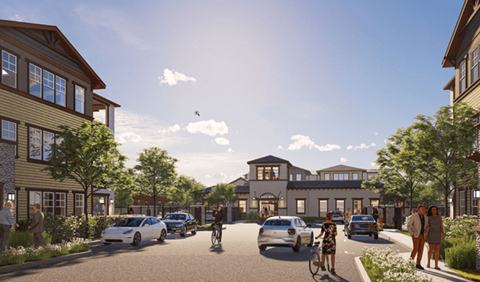 a rendering of a street with cars and people and buildings