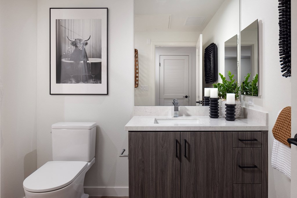 a bathroom with a toilet sink and mirror and a picture of a stag
