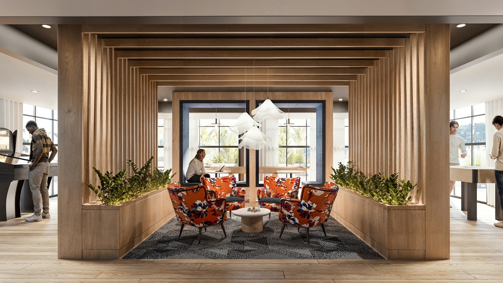A modern dining area with wooden walls and a large window.