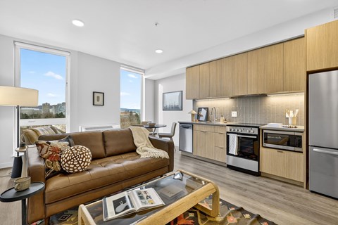A modern living room with a brown leather couch and a kitchen area with stainless steel appliances.