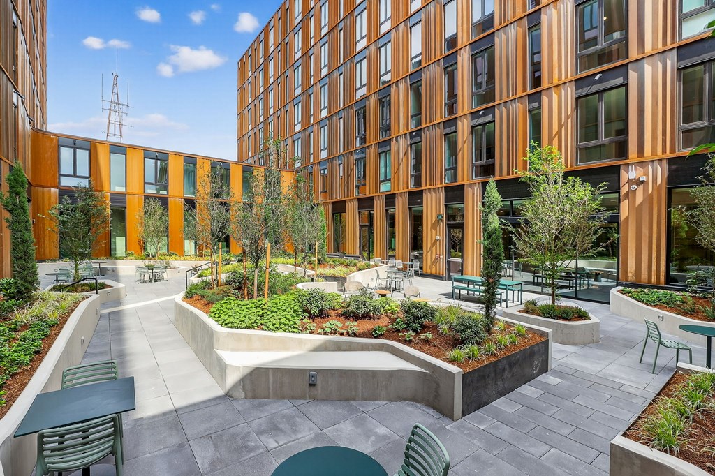 A modern courtyard with a circular planter and benches.