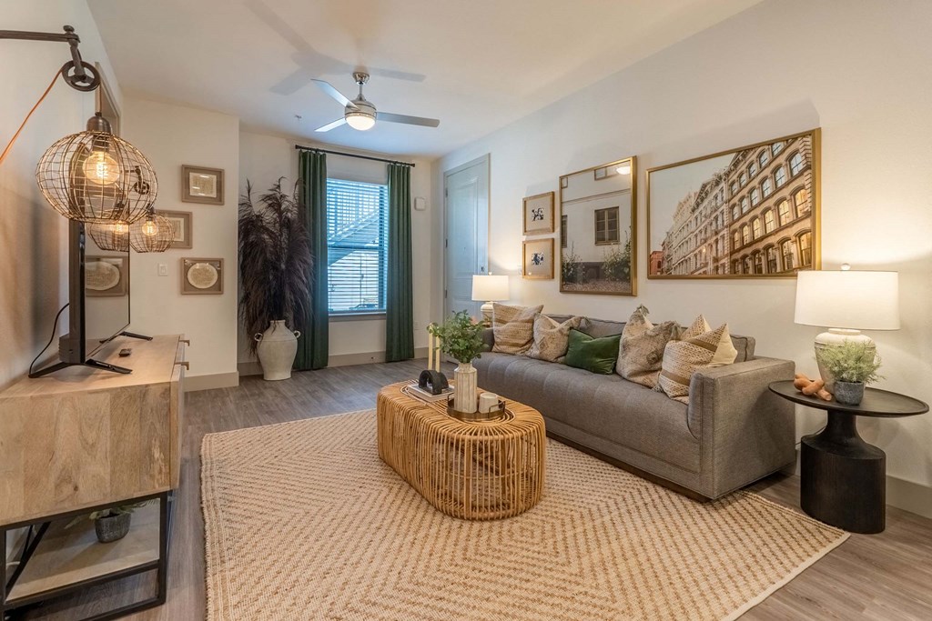 a living room with a couch and a rug