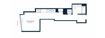 A floor plan of a house with a living/sleeping area, a dining room, a kitchen, a laundry room, a cloakroom, a study, a garage, and a separate toilet.