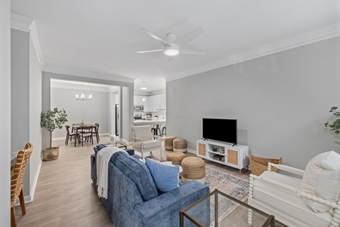 A living room with a blue couch and a television.