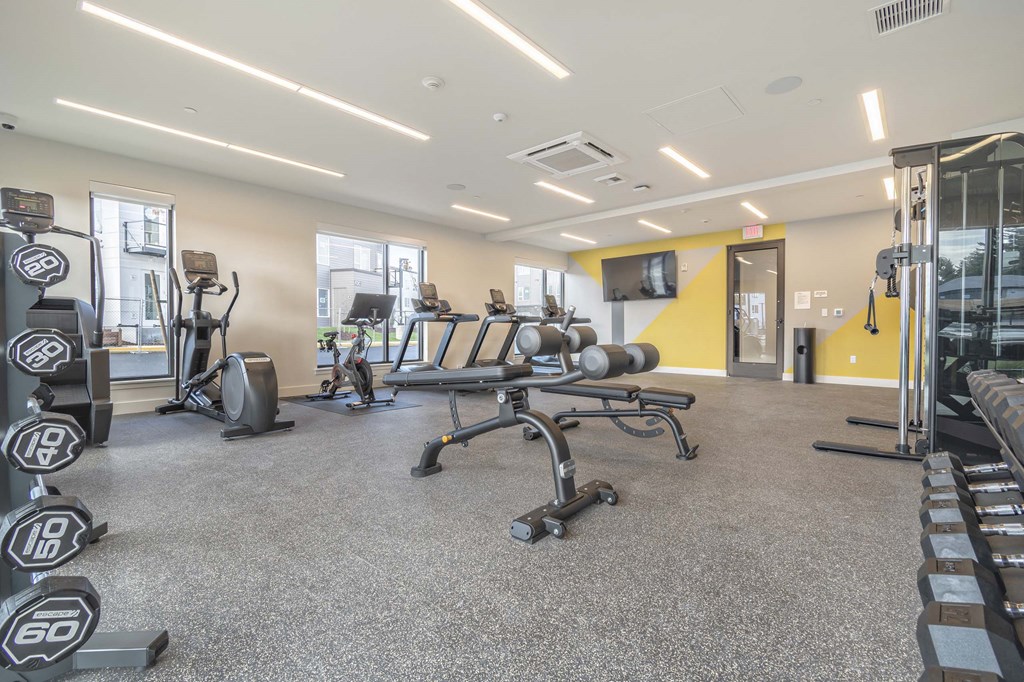 a gym with weights and cardio equipment in a building with windows