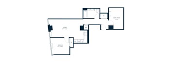 A floor plan of a home with a living room, bedroom, and home office.