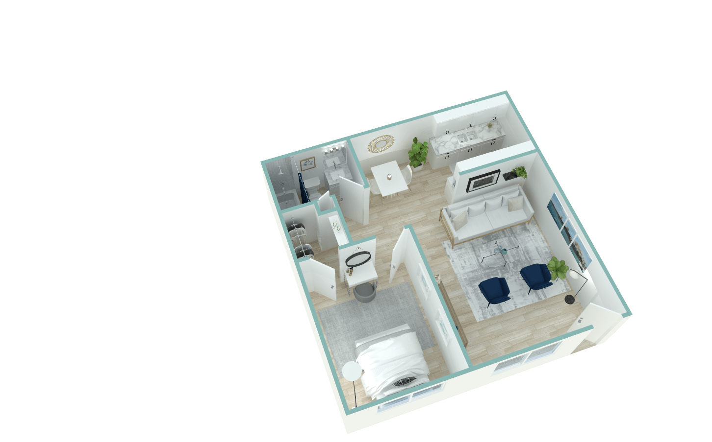 A 3D floor plan of a small apartment with a kitchen, living room, and bathroom.