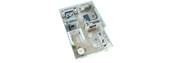 A 3D floor plan of a house showing a kitchen, living room, dining area, and two bedrooms.