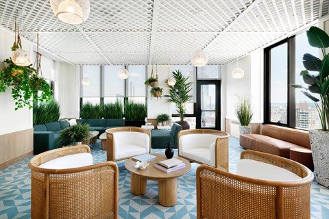 A modern living room with a white ceiling and a mix of wicker and leather furniture.
