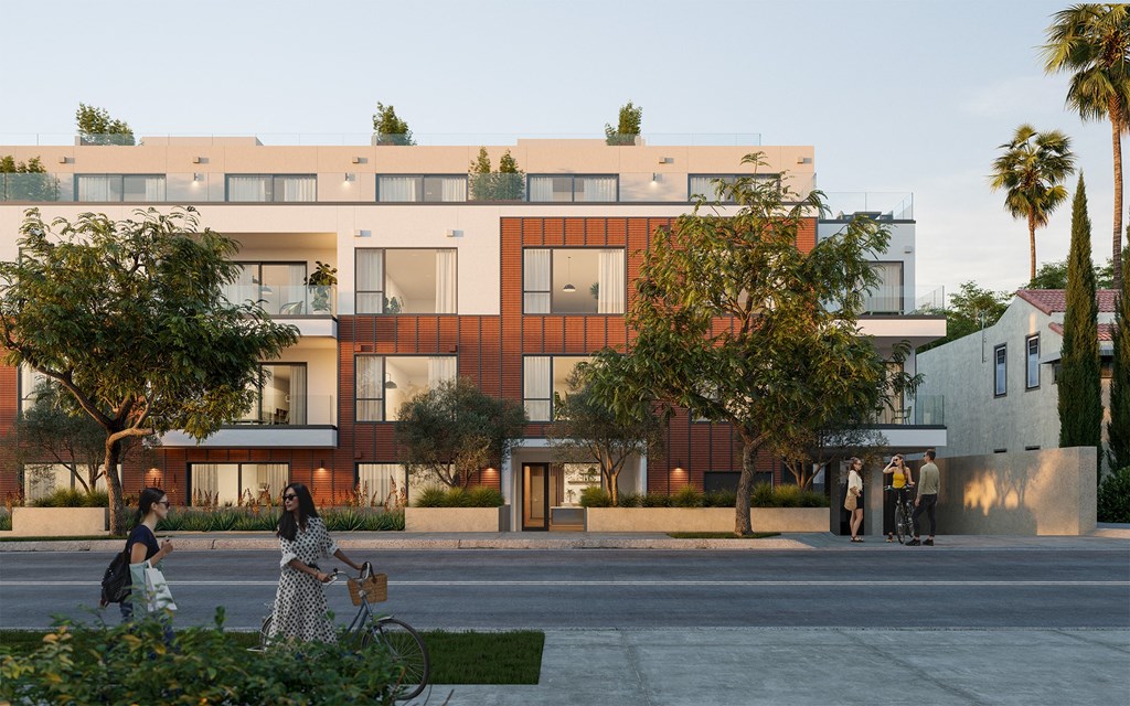 a rendering of an apartment building with people walking in front of it