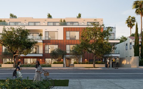 a rendering of an apartment building with people walking in front of it