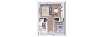A floor plan of a small apartment with a kitchen, living room, bathroom, and bedroom.