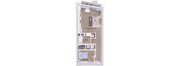A floor plan of a small apartment with a kitchen, living room, and bathroom.