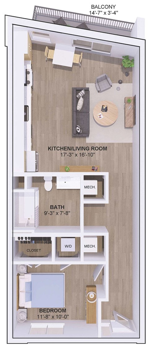 A floor plan of a small apartment with a kitchen, living room, and bathroom.