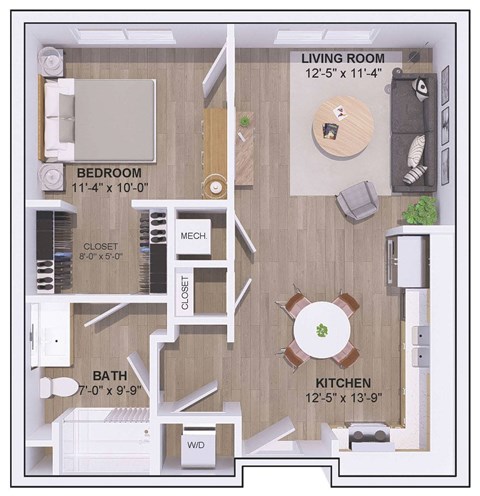 A floor plan of a small apartment with a living room, bedroom, bathroom, kitchen, and closet.