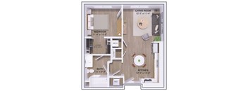 A floor plan of a small apartment with a living room, bedroom, bathroom, kitchen, and closet.