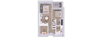 A floor plan of a small apartment with a living room, kitchen, den, bedroom, bathroom, and balcony.