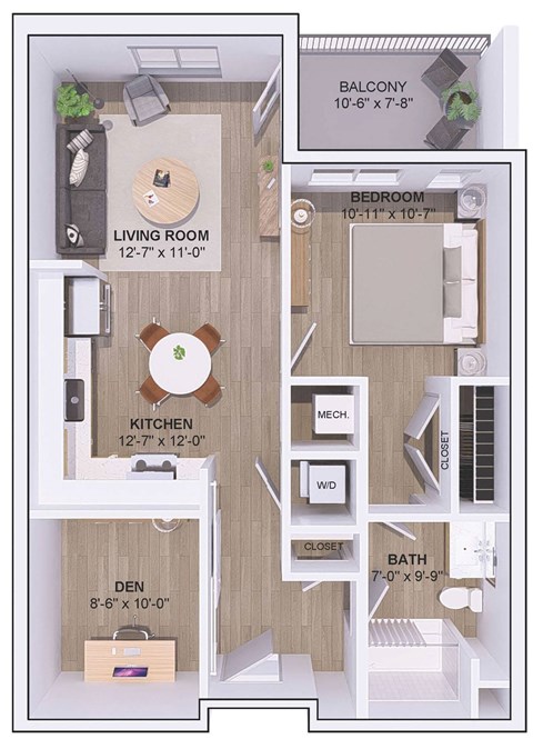 A floor plan of a small apartment with a living room, kitchen, den, bedroom, bathroom, and balcony.