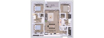 A floor plan of an apartment with a living room, kitchen, two bedrooms, a bathroom, and a closet.