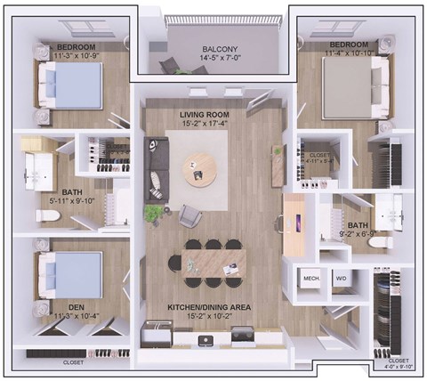 A floor plan of an apartment with a living room, kitchen, two bedrooms, a bathroom, and a closet.