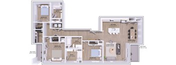 A floor plan of an apartment with two bedrooms, two bathrooms, a living room, a kitchen, and a balcony.
