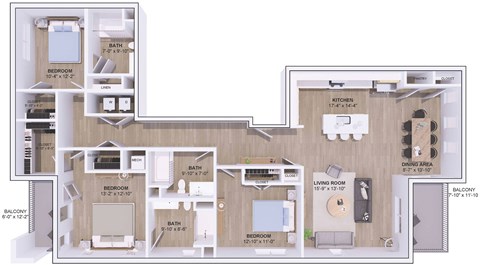 A floor plan of an apartment with two bedrooms, two bathrooms, a living room, a kitchen, and a balcony.