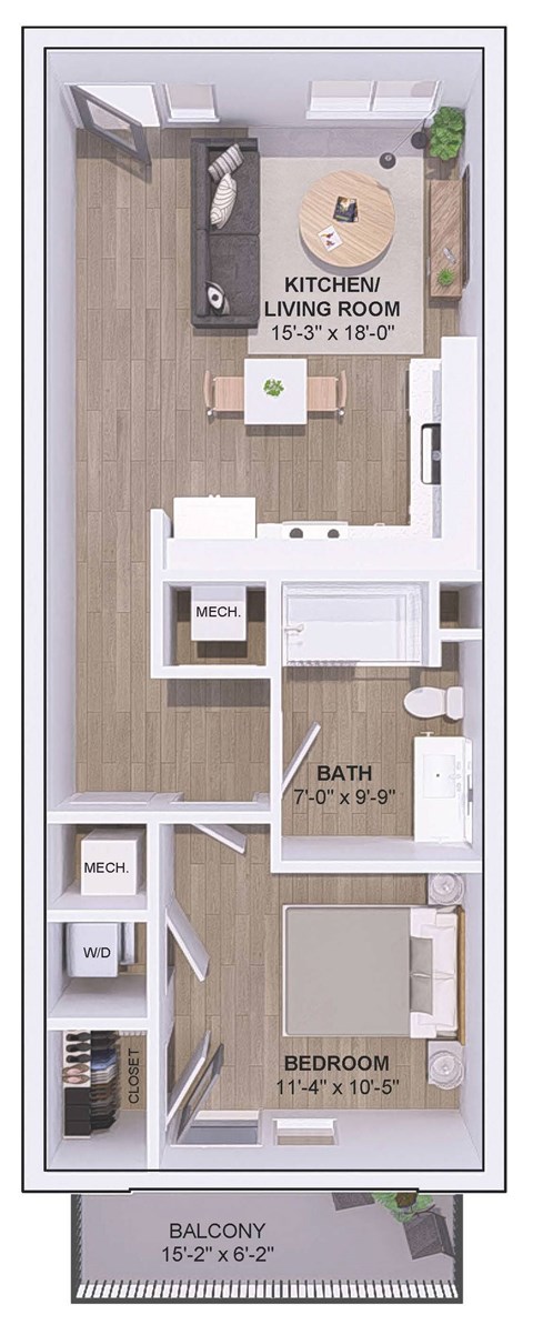A floor plan of a 15-3 balcony apartment with a kitchen, living room, bathroom, and bedroom.