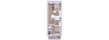 A floor plan of a 15-3 balcony apartment with a kitchen, living room, bathroom, and bedroom.