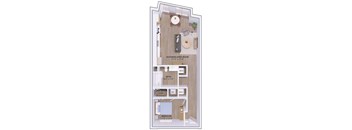 A floor plan of a small apartment with a kitchen, bathroom, and bedroom.
