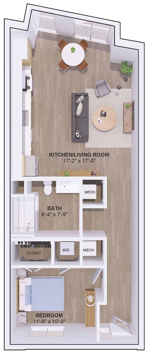 A floor plan of a small apartment with a kitchen, bathroom, and bedroom.