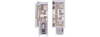 A floor plan of a house with two bedrooms, a living room, a kitchen, a bathroom, a garage, and a roof terrace.