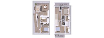 Two images of a floor plan for a 19-foot by 10-foot living space.