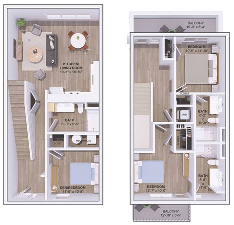 Two images of a floor plan for a 19-foot by 10-foot living space.