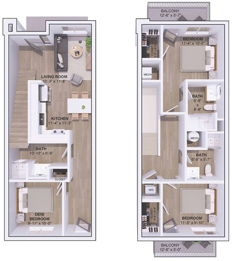 A diagram shows two different floor plans for an apartment, one with a living room and one with a den/bedroom.