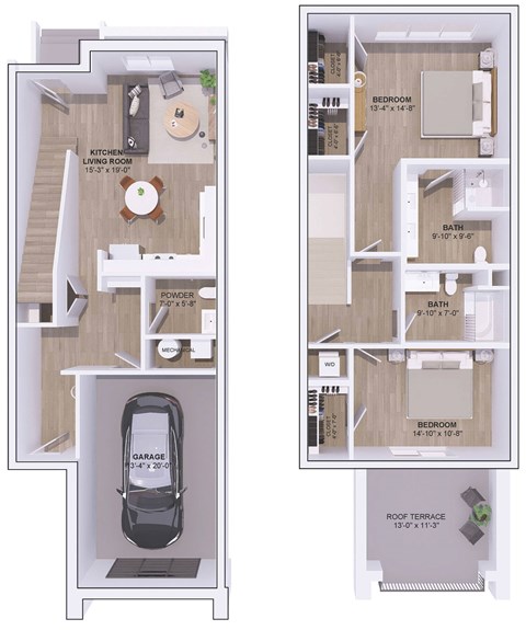 A floor plan of a house with two bedrooms, a living room, a kitchen, a bathroom, a garage, and a roof terrace.