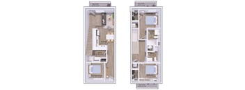 Two floor plans of a balcony apartment, one with a living room and kitchen, the other with a den/bedroom.