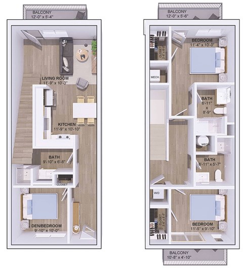 Two floor plans of a balcony apartment, one with a living room and kitchen, the other with a den/bedroom.