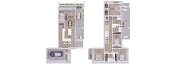 A floor plan of a two-story house with two bedrooms, two bathrooms, a living room, a dining room, a kitchen, a garage, and a porch.