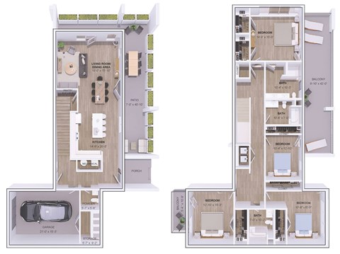 A floor plan of a two-story house with two bedrooms, two bathrooms, a living room, a dining room, a kitchen, a garage, and a porch.