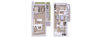 A floor plan of a two-bedroom apartment with a patio.
