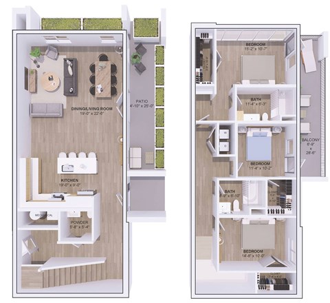 A floor plan of a two-bedroom apartment with a patio.